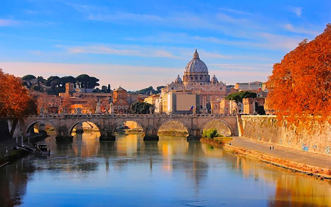 10 Motivi per soggiornare a Roma nel mese di Ottobre: immagine che ritrae la cupola di San Pietro a Roma vista dal Tevere con i classici colori dell'autunno. Stile dipinto.