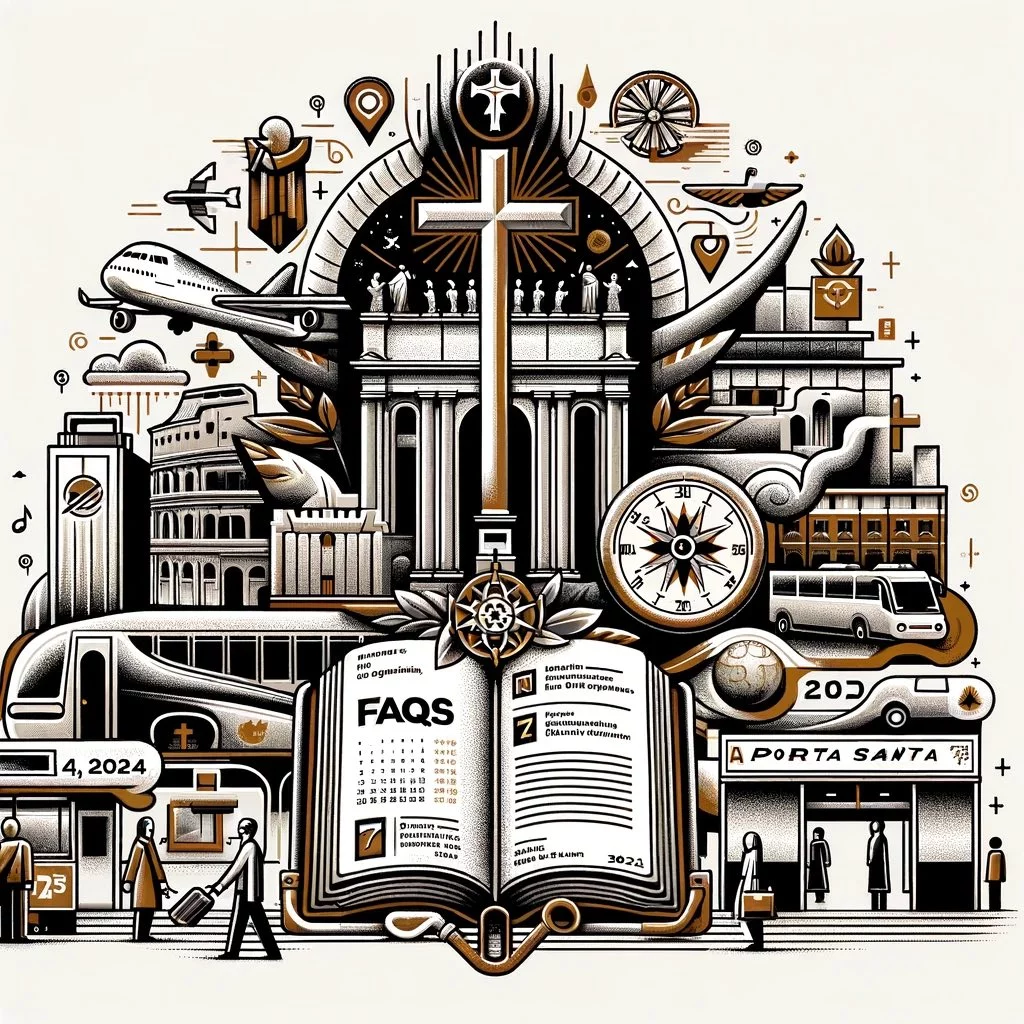 Giubileo 2025 - Domande frequenti - Illustrazione che rappresenta tutti i contesti relativi alle informazioni utili sul Giubileo a Roma del 2025.