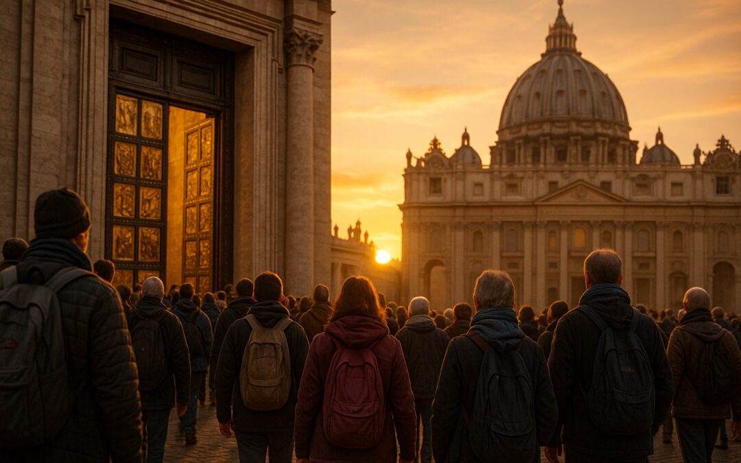 Pellegrini al tramonto in cammino verso la Porta Santa di San Pietro durante il Giubileo 2025 a Roma