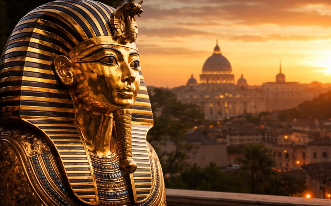 Tesori dei Faraoni a Roma alle Scuderie del Quirinale: reperto egizio dorato con skyline di Roma